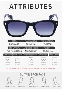 Detailed size chart for polarized sunglasses featuring frame dimensions and PC metal materials