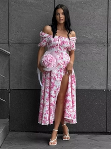 Off-shoulder floral summer maxi dress with short puff sleeves and a high side slit