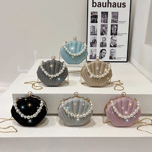 Shell Shaped Evening Bag Shimmer Glitter PU With Faux Artificial Pearl Handle Gold Chain Crossbody Handbag For Women Wedding Party