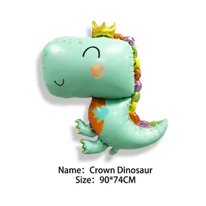Detail of cartoon mint green dinosaur crown balloon with 90x74cm dimensions label