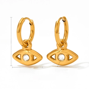 Detailed view of evil eye gold plated earrings with sparkling micro inlaid zircon stones