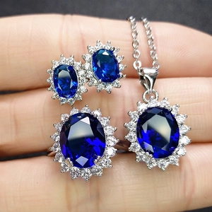 Sunflower Copper Blue Rhinestone Jewelry Set For Women Elegant Oval Cluster Necklace Stud Earrings Adjustable Ring Wedding Gift