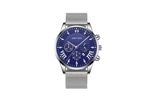 Detail view of MREURIO blue sunray dial with chronograph sub-dials and date window