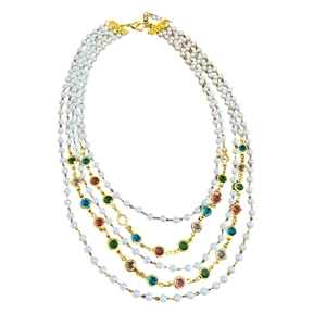 Vintage multi-layer pearl necklace with colorful gemstones and golden palace style clasp
