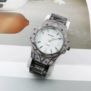 Men's large white dial quartz watch with octagonal grey metal case and steel bracelet