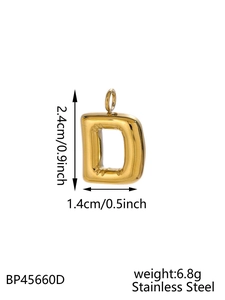 Detailed size specifications for a bubble letter D pendant in 14K gold-plated stainless steel