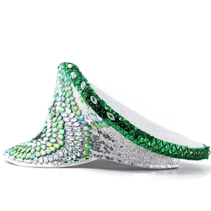 Punk style captain hat with green sequins and rhinestones for festival performances