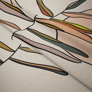 Close-up of Morandi colored bohemian tapestry with modern abstract leaf patterns and texture