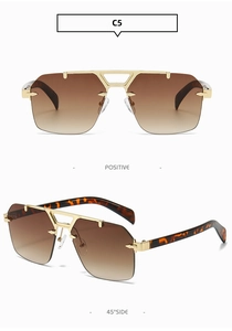 Detailed view of square frameless gold metal sunglasses with brown gradient lenses and C5 model