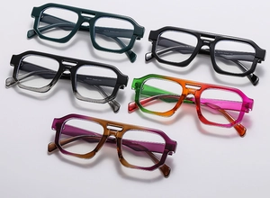 Collection of double-bridge aviator sunglasses in various colors and acetate frames