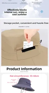 Detail view of quick-dry sun hat showing side pocket and 55-60cm size specifications