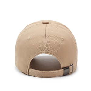 Khaki canvas baseball cap seen from the back featuring an adjustable metal buckle strap