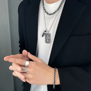 Men Stainless Steel Pendant Necklace With Black Crystal Hexagonal Pillar And Cross Dog Tag Retro Goth Punk Style