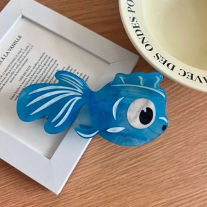 Blue marble acetate hair claw clip in cute goldfish design for elegant hair styling
