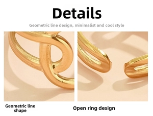 Detailed macro view of a gold geometric layered ring with an adjustable open band design