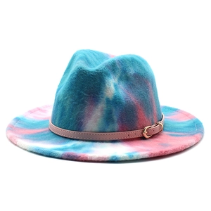 Rainbow tie-dye wool fedora hat with flat brim and pink leather decorative band