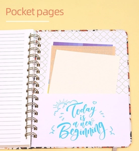 Close-up of A5 spiral notebook with gold twin-wire binding and functional storage pocket