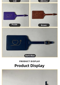 Close-up of multicolored PU leather luggage tags with gold plane icons and buckles