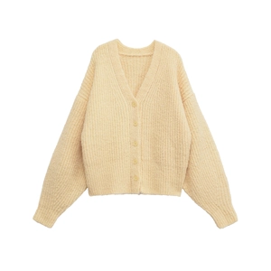 Cardigan Tricoté Col En V Pour Femmes Pull À Boutons Coupe Décontractée Épaules Tombantes Peluche Polyester Jaune