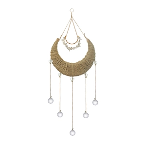 Handcrafted crescent moon wall decor with woven rope and sparkling crystal wind chimes