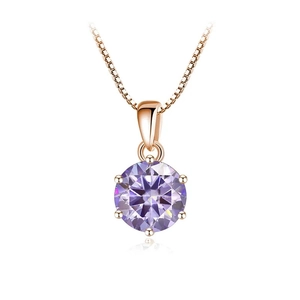 Detail of rose gold box chain with six-prong set round purple moissanite pendant