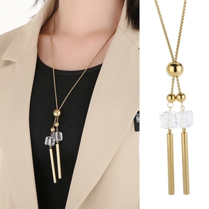 Long Pendant Necklace Stainless Steel Minimalist Geometric Transparent Cube Cylinder Tassel Adjustable Sweater Chain For Women