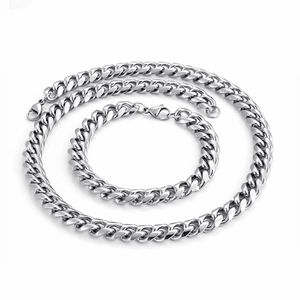 Polished silver cuban link necklace and bracelet set in high-quality stainless steel
