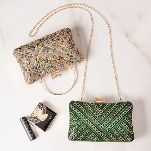Colorful sequined evening bag and green geometric clutch with gold chain straps