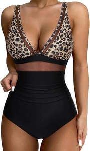 Detail of high-waist leopard swimsuit with mesh V-neck and ruched tummy control design