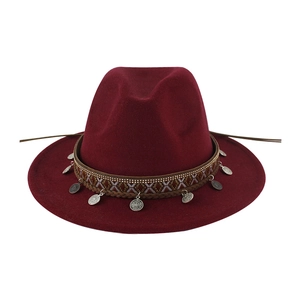Tibetan style wine red felt fedora hat with ethnic woven band and coin charms.