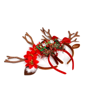 Christmas reindeer antler headband set with red flowers and glitter holiday decorations