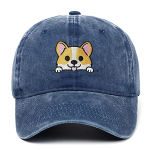 Casquette de baseball en jean bleu délavé avec une jolie broderie de corgi sur le devant