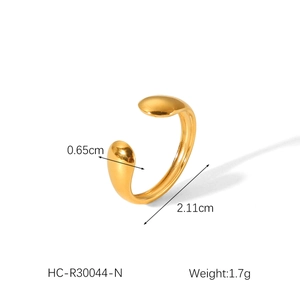 Detailed view of 18K gold plated stainless steel open ring with teardrop ends and 1.7g weight