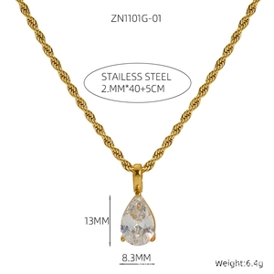 Detail showing 2mm gold chain with 13mm pear-shaped cubic zirconia pendant measurements