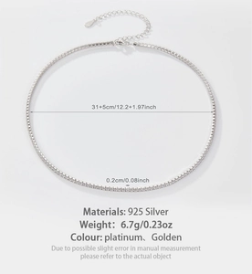 Macro shot of 925 sterling silver tennis necklace showing 0.2cm width and cz stone details