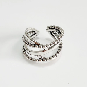 Vintage 925 sterling silver multi-layer beaded cross open ring with oxidized finish