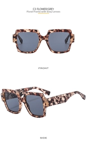 Detail of oversized square tortoiseshell sunglasses with grey lenses in front and side views