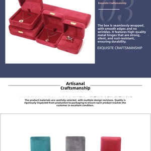 Detail of velvet jewelry boxes with metal hinges for rings and necklaces in various colors
