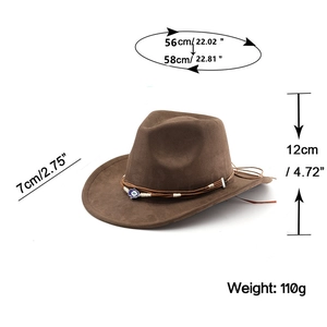 Detailed size guide for dark brown suede western cowboy hat with evil eye charm