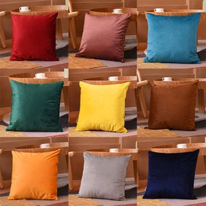 Nine-grid view of solid velvet pillow covers in multiple colors on a wooden chair
