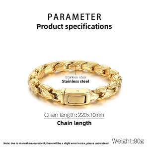 Detailed specs of 10mm gold stainless steel chain bracelet with 220mm length and 90g weight