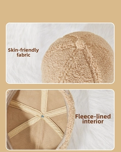 Detail of warm camel sherpa baseball cap showing soft outer fabric and thick fleece lining