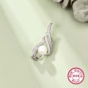 925 silver leaf brooch with pearl and zircons displayed with silver authenticity seal