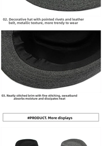 Detail of dark grey wool felt fedora featuring punk rivets and leather belt buckle strap