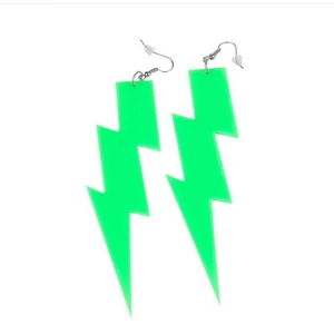 Close-up of vibrant green acrylic lightning bolt earrings with silver hooks on white background