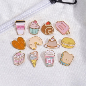 Lot de 12 broches émaillées cartoon motifs desserts et café sur toile blanche