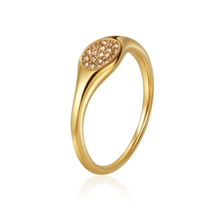 Macro side view of an 18K gold-plated oval ring with sparkling diamond pavé inlay