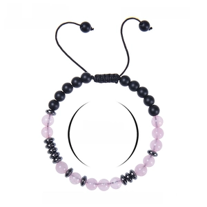 Bracciale codice Morse in quarzo rosa e perline opache 6mm con cordino regolabile