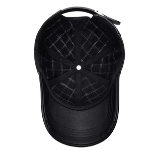 Men's leather baseball cap with quilted lining and adjustable metal buckle closure
