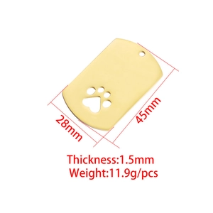 Golden mirror finish dog tag pendant with hollow paw print and dimension labels